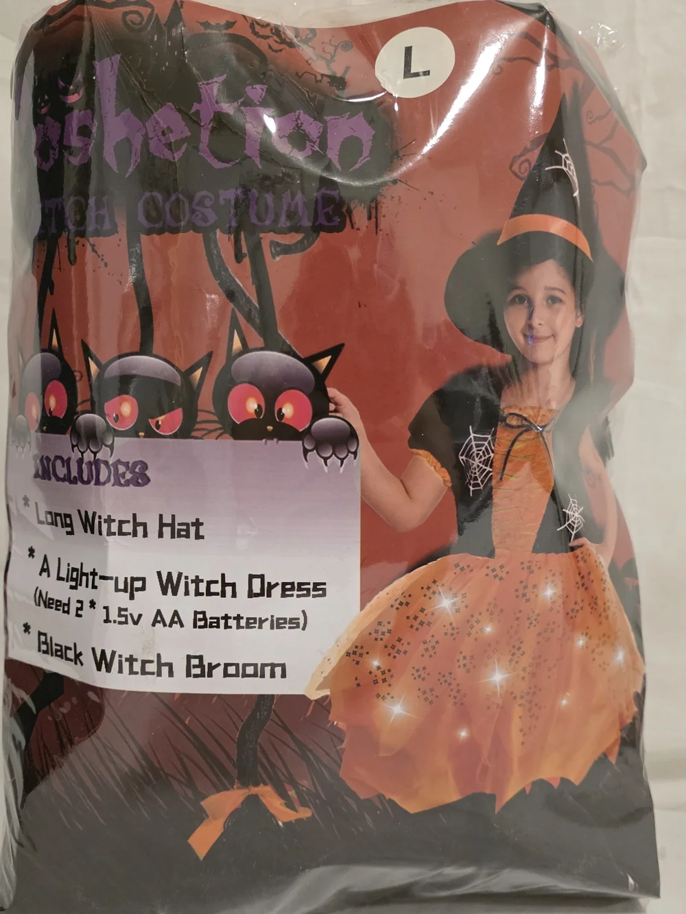 NEW Poshetion Witch Costume Cosplay LightUp Orange Dress Girls L 10/12 Broom Hat